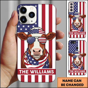 Joycorners Cool Hereford Cow Wearing USA Flag Bandana and Sunglasses Patriotic Style Personalized Name 3D Phone Case