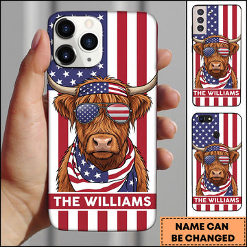 Joycorners Cool Highland Cow Wearing USA Flag Bandana and Sunglasses Patriotic Style Personalized Name 3D Phone Case