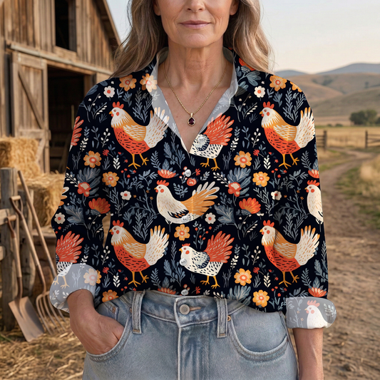 Joycorners Floral Chicken Garden Farm Casual Shirt