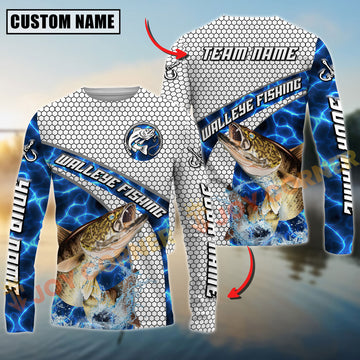 Joycorners Walleye Fishing Honeycomb Electric Water Splash Personalized Name, Team Name Long Sleeve Shirt