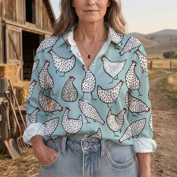 Joycorners Blue Farm Chicken Doodle Pattern Casual Shirt