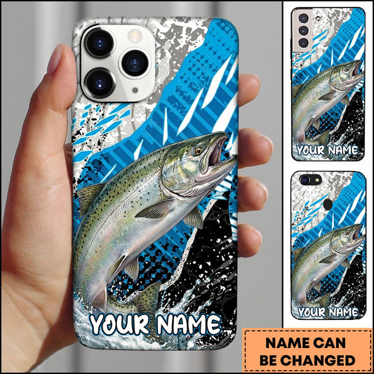 Joycorners Fishing Jumping Blue Geometric Splash Art Personalized Name Phone Case (10 Fish Species)
