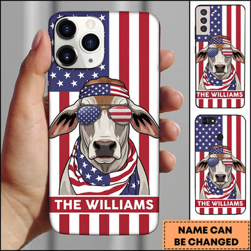 Joycorners Cool Brahman Cow Wearing USA Flag Bandana and Sunglasses Patriotic Style Personalized Name 3D Phone Case