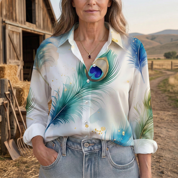 Joycorners Elegant Peacock Feather Artistic Casual Shirt