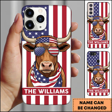 Joycorners Cool Texas Longhorn Cow Wearing USA Flag Bandana and Sunglasses Patriotic Style Personalized Name 3D Phone Case