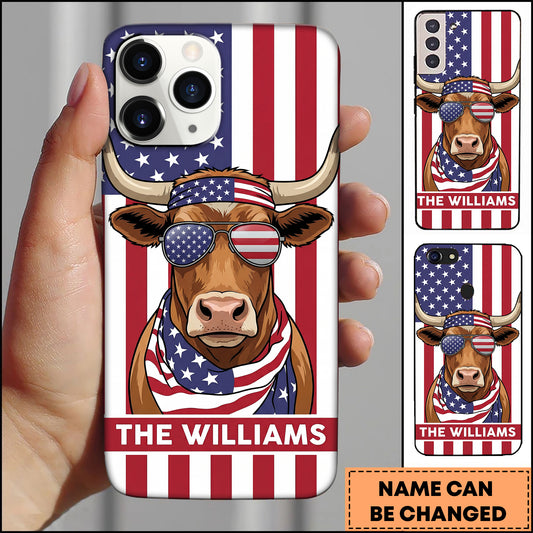 Joycorners Cool Texas Longhorn Cow Wearing USA Flag Bandana and Sunglasses Patriotic Style Personalized Name 3D Phone Case
