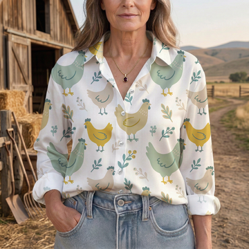 Joycorners Cute Chicken Farm Floral Pattern Casual Shirt