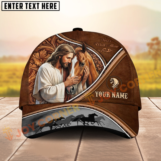 Joycorners Jesus & Horse “Never Walk Alone” Tooled Leather Western Art Personalized Name Cap (8 Breeds)