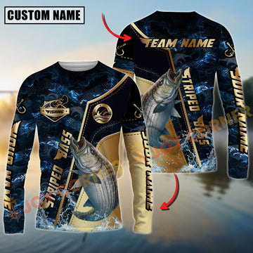 Joycorners Striped_Bass Fishing Ocean Wave Gold Luxury Pattern Personalized Name, Team Name Long Sleeve Shirt