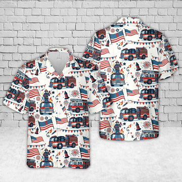 Maxcorners Fire Truck 4th Of July Hawaiian Shirt, Firefighter Hawaiian Shirt, Independence Day Shirt LM1911