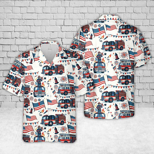 Maxcorners Fire Truck 4th Of July Hawaiian Shirt, Firefighter Hawaiian Shirt, Independence Day Shirt LM1911