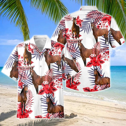Joycorners Warmblood Horse Red Hibiscus Tropical Hawaiian Shirt