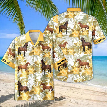Joycorners Personalized Thoroughbred Horse Yellow Hibiscus Hawaiian Shirt