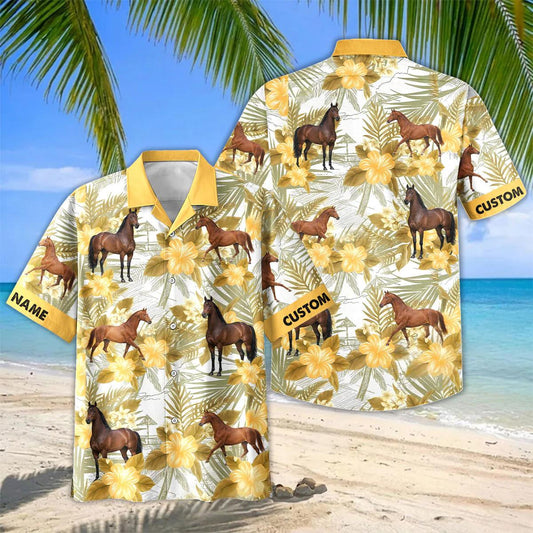 Joycorners Personalized Thoroughbred Horse Yellow Hibiscus Hawaiian Shirt
