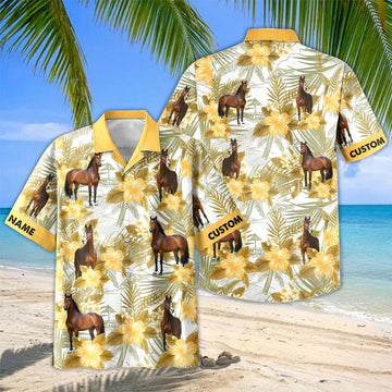 Joycorners Personalized Warmblood Horse Yellow Hibiscus Hawaiian Shirt
