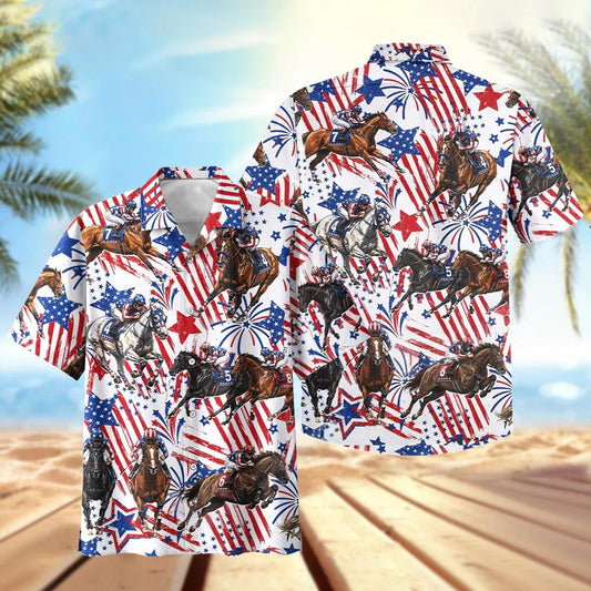 Joycorners Horse Racing American Flag Patriotic 4th Of July Hawaiian Shirt