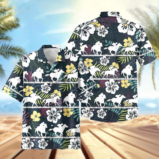 Joycorners Vintage Horse Racing White Silhouettes Dark Tropical Hawaiian Shirt