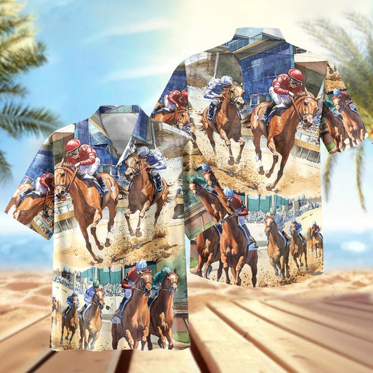 Joycorners Vintage Watercolor Horse Racing Track Painting Hawaiian Shirt