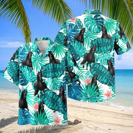 Joycorners Friesian Horse In Tropical Leaves Pattern Hawaiian Shirt