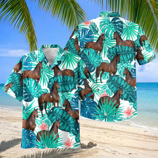 Joycorners Thoroughbred Horse In Tropical Leaves Pattern Hawaiian Shirt