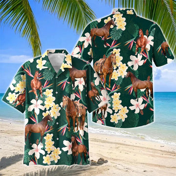 Joycorners American Quarter Horse Tropical Floral Green Hawaiian Shirt