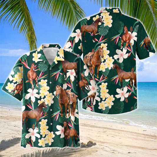 Joycorners American Quarter Horse Tropical Floral Green Hawaiian Shirt