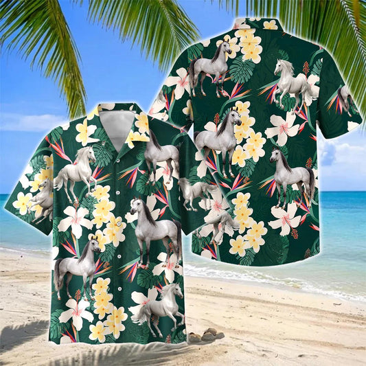 Joycorners Arabian Horse Tropical Floral Green Hawaiian Shirt