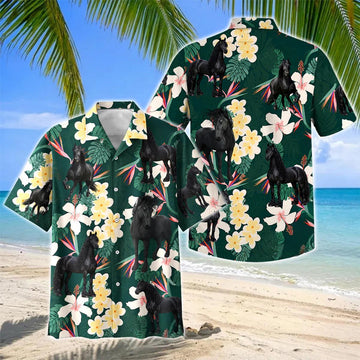 Joycorners Friesian Horse Tropical Floral Green Hawaiian Shirt