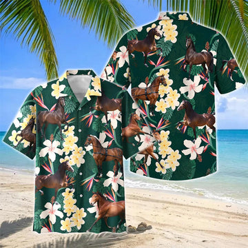 Joycorners Hackney Horse Tropical Floral Green Hawaiian Shirt