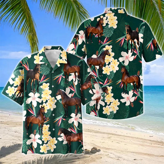 Joycorners Morgan Horse Tropical Floral Green Hawaiian Shirt