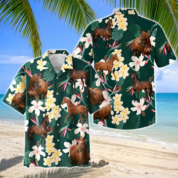 Joycorners Thoroughbred Horse Tropical Floral Green Hawaiian Shirt