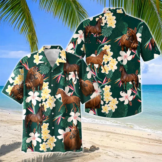 Joycorners Thoroughbred Horse Tropical Floral Green Hawaiian Shirt