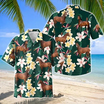 Joycorners Warmblood Horse Tropical Floral Green Hawaiian Shirt