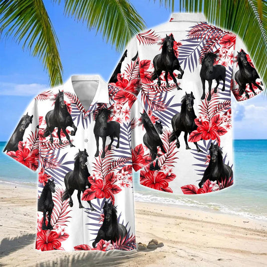 Joycorners Friesian Horse Red Hibiscus Tropical Hawaiian Shirt