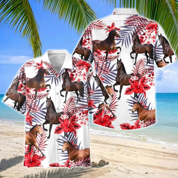 Joycorners Hackney Horse Red Hibiscus Tropical Hawaiian Shirt