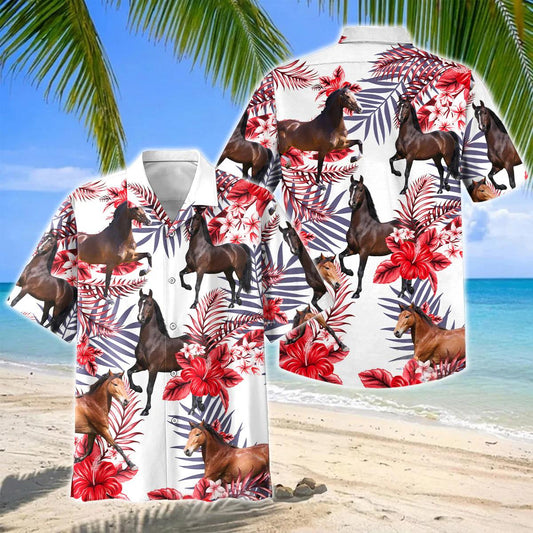 Joycorners Hackney Horse Red Hibiscus Tropical Hawaiian Shirt