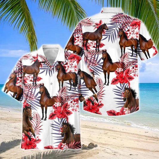 Joycorners Morgan Horse Red Hibiscus Tropical Hawaiian Shirt