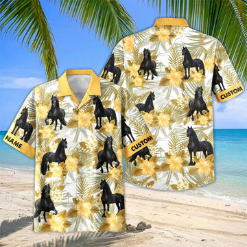 Joycorners Personalized Friesian Horse Yellow Hibiscus Hawaiian Shirt