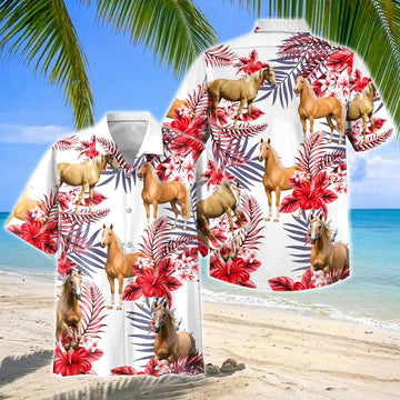 Joycorners Palomino Horse Red Hibiscus Tropical Hawaiian Shirt