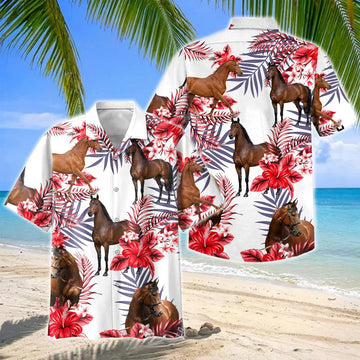 Joycorners Thoroughbred Horse Red Hibiscus Tropical Hawaiian Shirt