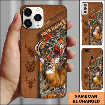 Joycorners Hunting Phone Case Majestic Whitetail Deer Leather Pocket Style Forest Camo Personalized Name Phone Case | Orange