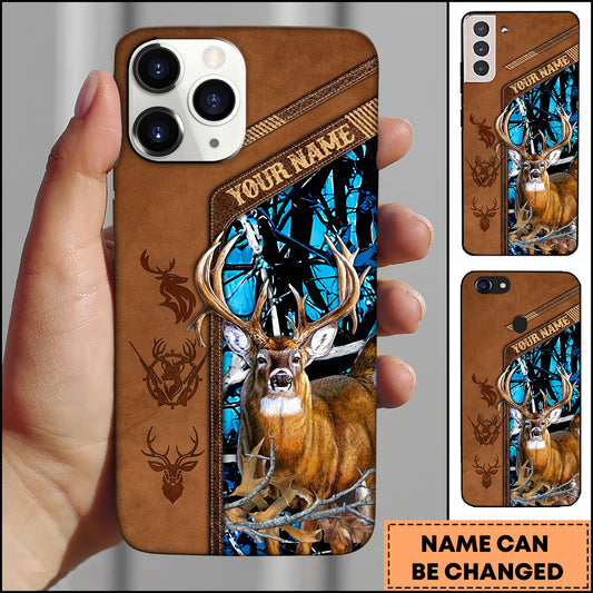 Joycorners Hunting Phone Case Majestic Whitetail Deer Leather Pocket Style Forest Camo Personalized Name Phone Case | Blue