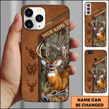 Joycorners Hunting Phone Case Majestic Whitetail Deer Leather Pocket Style Forest Camo Personalized Name Phone Case | Brown
