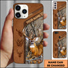 Joycorners Hunting Phone Case Majestic Whitetail Deer Leather Pocket Style Forest Camo Personalized Name Phone Case | Grass Brown