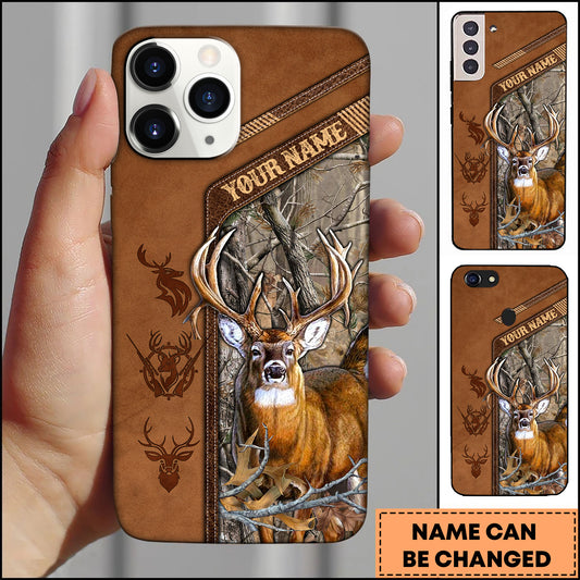 Joycorners Hunting Phone Case Majestic Whitetail Deer Leather Pocket Style Forest Camo Personalized Name Phone Case | Grass Brown
