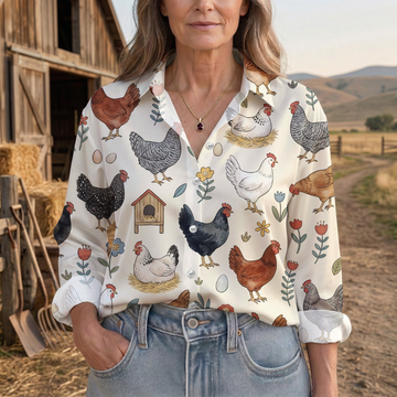 Joycorners Cute Farm Chicken Floral Barnyard Pattern Casual Shirt