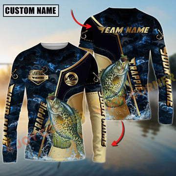 Joycorners Crappie Fishing Ocean Wave Gold Luxury Pattern Personalized Name, Team Name Long Sleeve Shirt