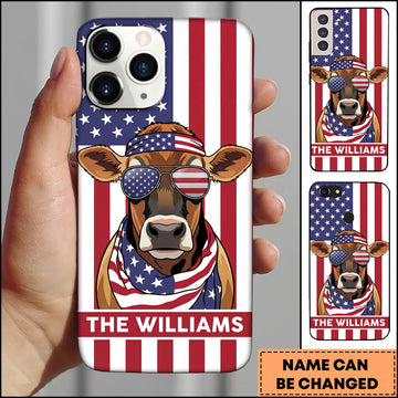 Joycorners Cool Jersey Cow Wearing USA Flag Bandana and Sunglasses Patriotic Style Personalized Name 3D Phone Case