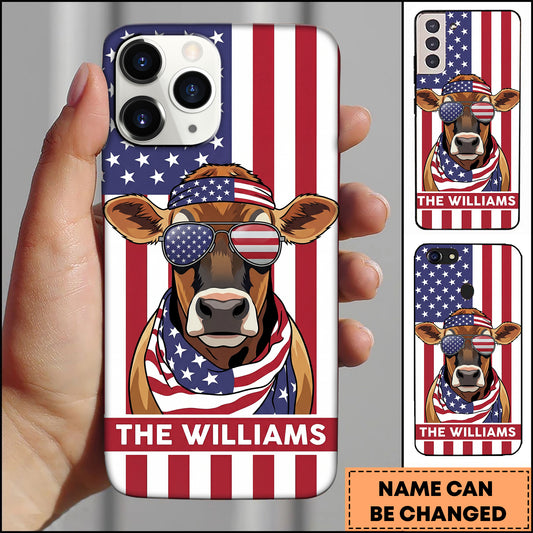 Joycorners Cool Jersey Cow Wearing USA Flag Bandana and Sunglasses Patriotic Style Personalized Name 3D Phone Case