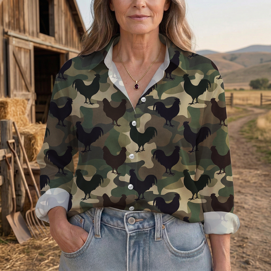 Joycorners Rooster Camouflage Farm Pattern Casual Shirt